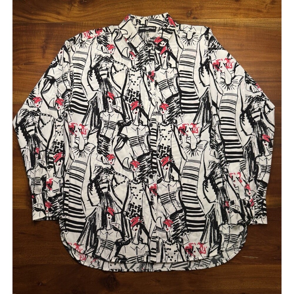 Karl Lagerfeld Paris Women S White Sketch Print Long Sleeve Button Blouse - NWOT